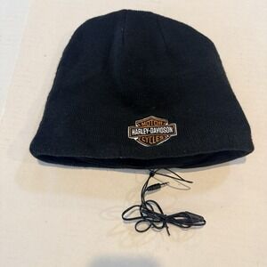 Harley Davidson Black Bar And Shield Logo Knit Beanie Cap Integrated Headphones